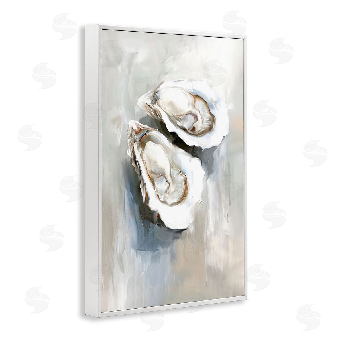 Two Oysters Seashell Mirage White Frame Print Wall Art, Home Decor by Ramona Murdock