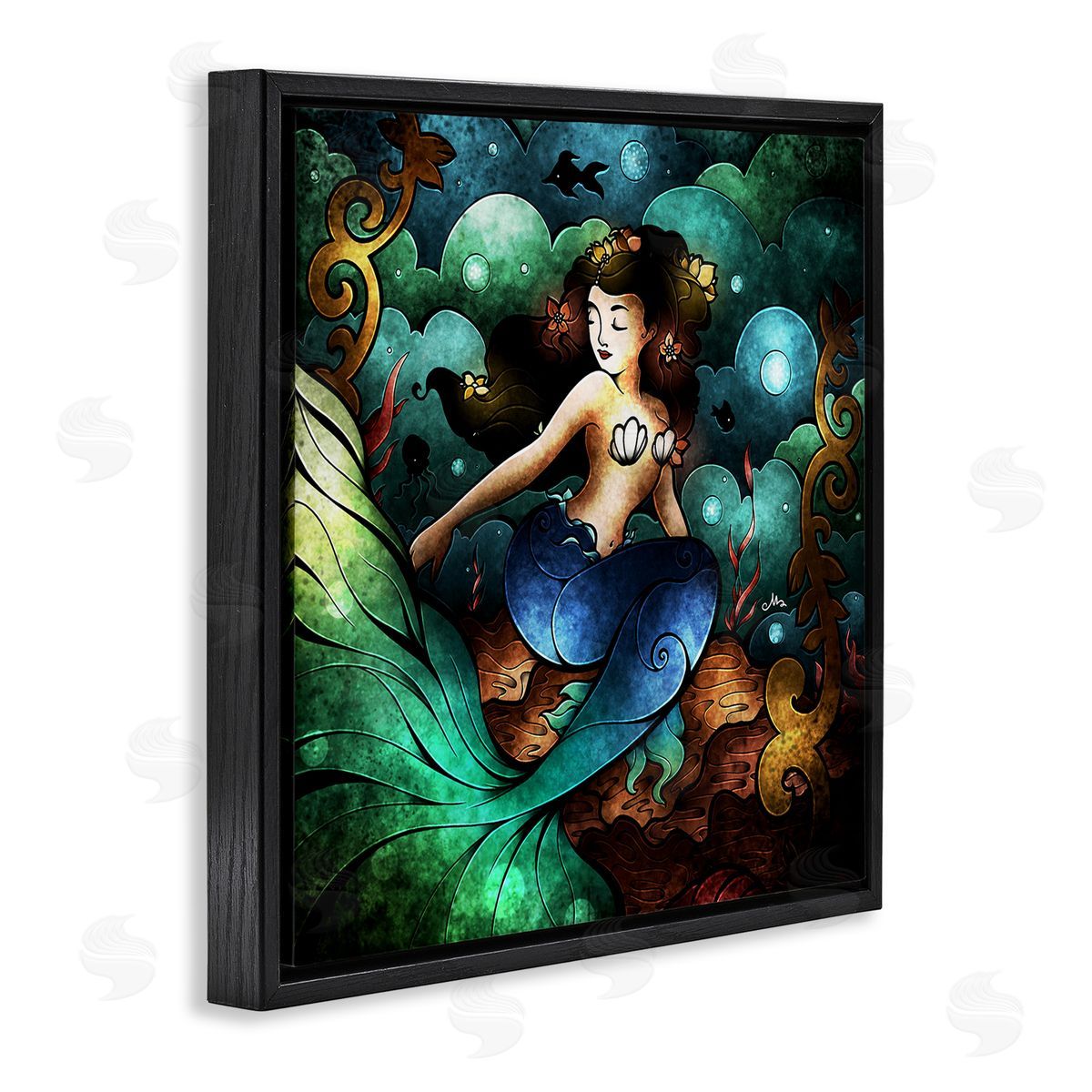 Vivid Deco Mermaid Black Floating Frame Canvas Wall Art, Home Decor by Mandie Manzano