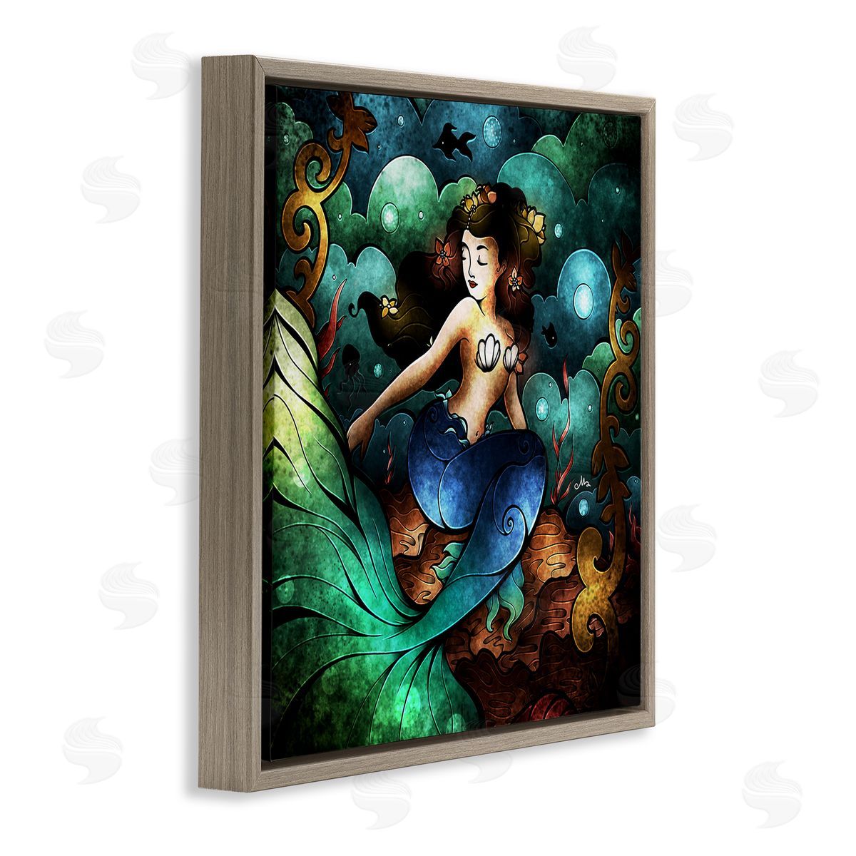 Vivid Deco Mermaid Brown Floating Frame Canvas Wall Art, Home Decor by Mandie Manzano