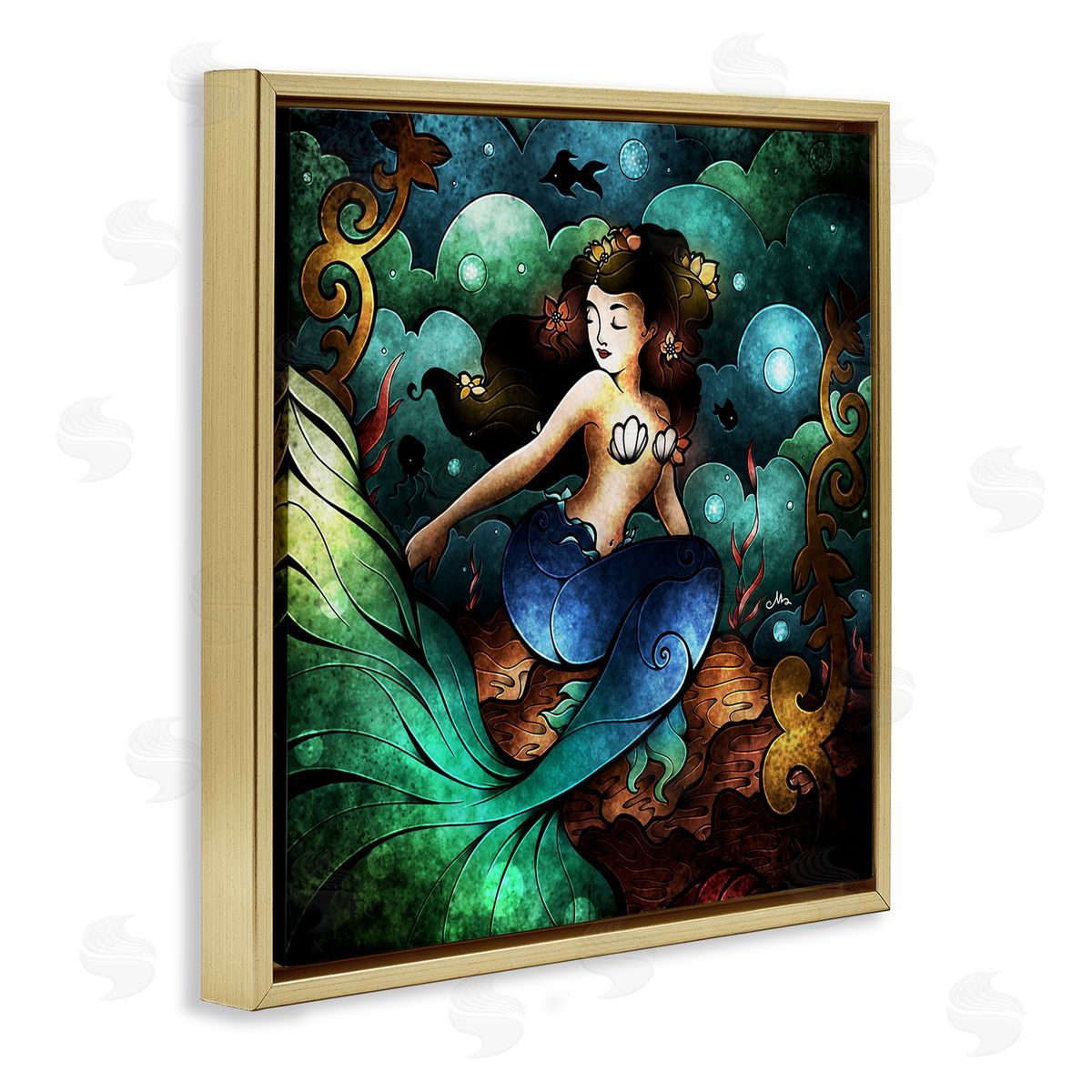 Vivid Deco Mermaid Gold Floating Frame Canvas Wall Art, Home Decor by Mandie Manzano