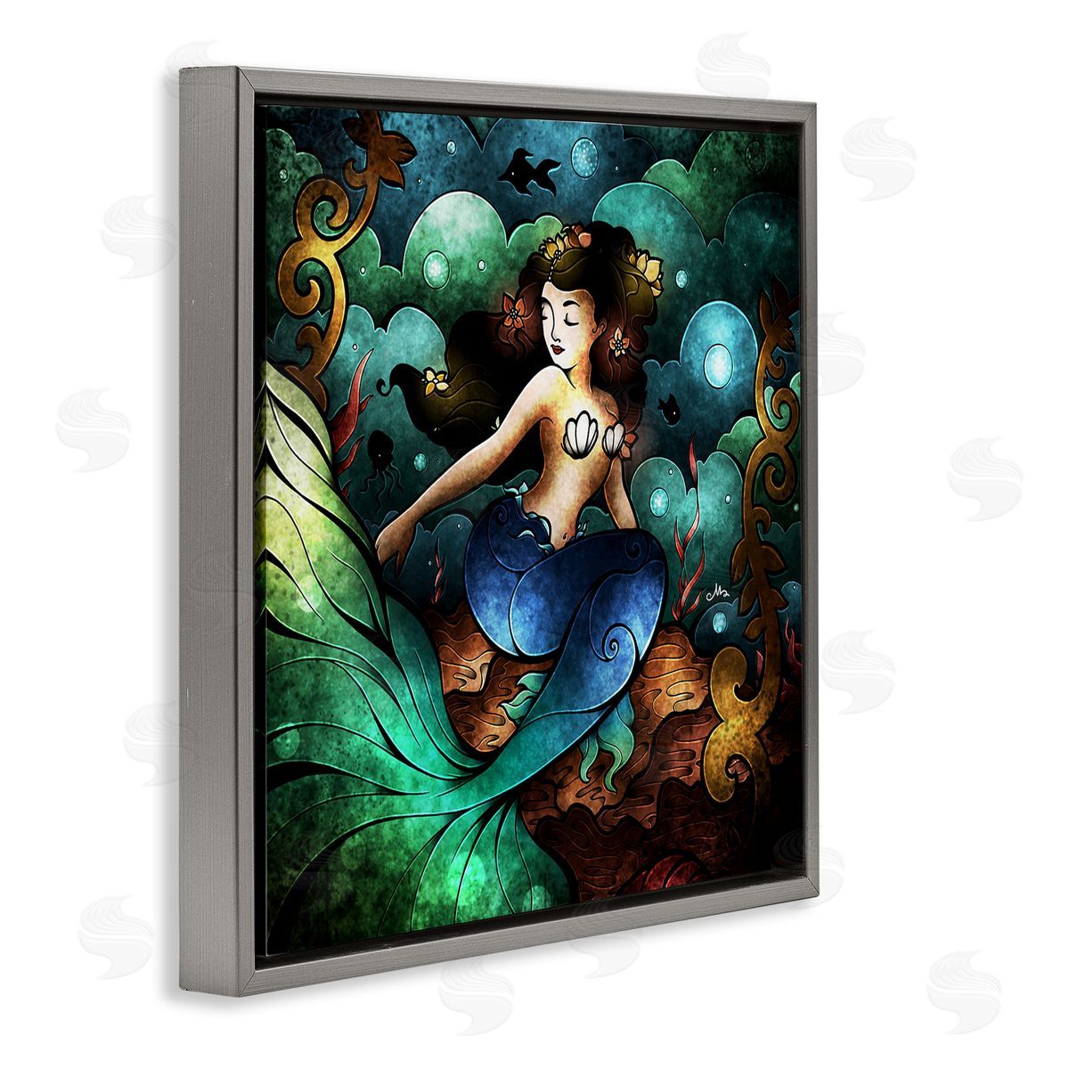 Vivid Deco Mermaid Grey Floating Frame Canvas Wall Art, Home Decor by Mandie Manzano
