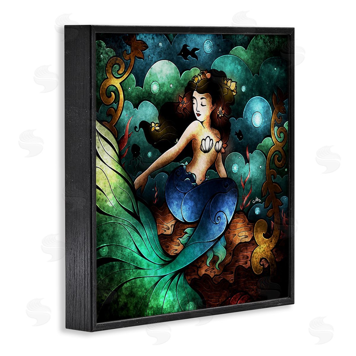 Vivid Deco Mermaid Black Frame Print Wall Art, Home Decor by Mandie Manzano