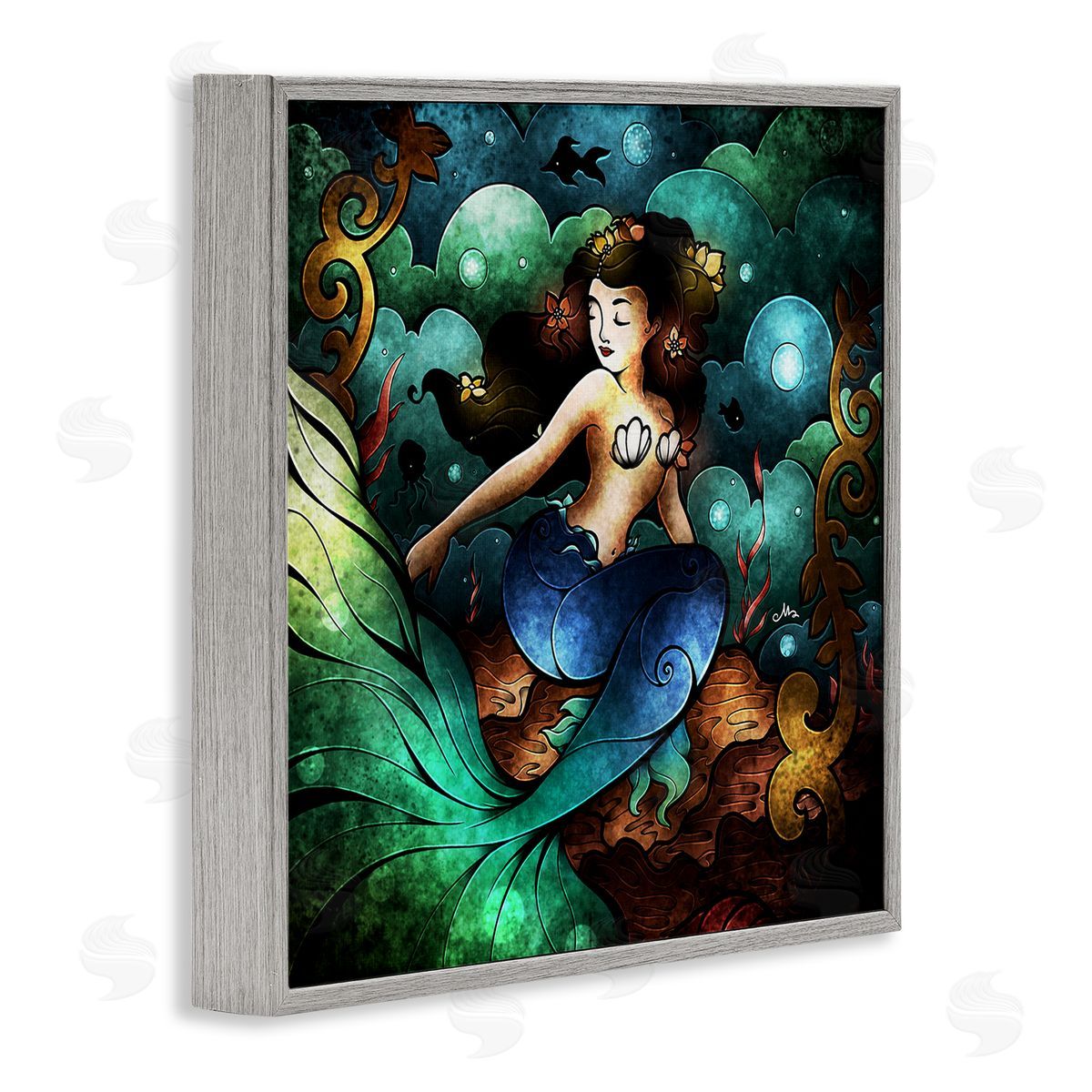 Vivid Deco Mermaid Grey Frame Print Wall Art, Home Decor by Mandie Manzano