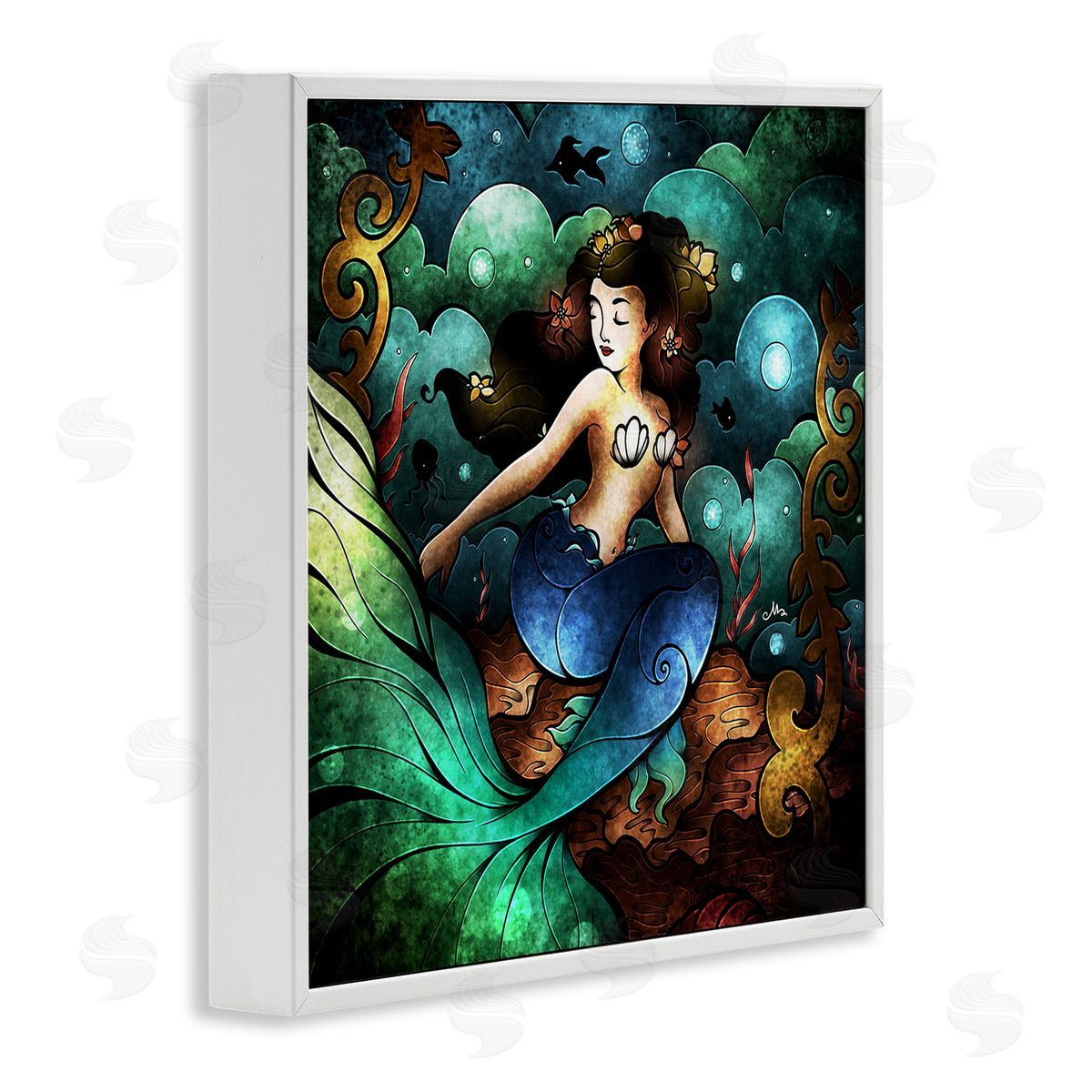 Vivid Deco Mermaid White Frame Print Wall Art, Home Decor by Mandie Manzano