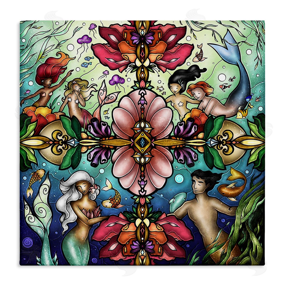 Detailed Stain Glass Style Mermaids Canvas Wall Art, Home Decor by Mandie Manzano