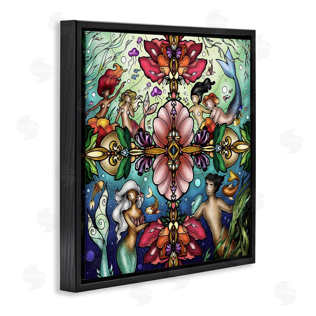 Detailed Stain Glass Style Mermaids Black Floating Frame Canvas Wall Art, Home Decor by Mandie Manzano