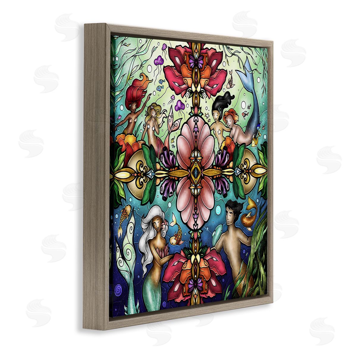 Detailed Stain Glass Style Mermaids Brown Floating Frame Canvas Wall Art, Home Decor by Mandie Manzano