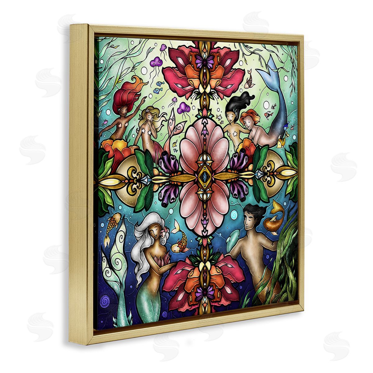Detailed Stain Glass Style Mermaids Gold Floating Frame Canvas Wall Art, Home Decor by Mandie Manzano