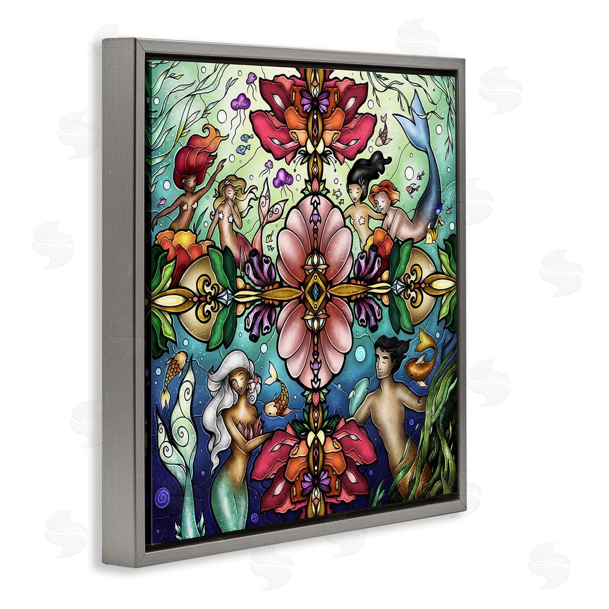 Detailed Stain Glass Style Mermaids Grey Floating Frame Canvas Wall Art, Home Decor by Mandie Manzano