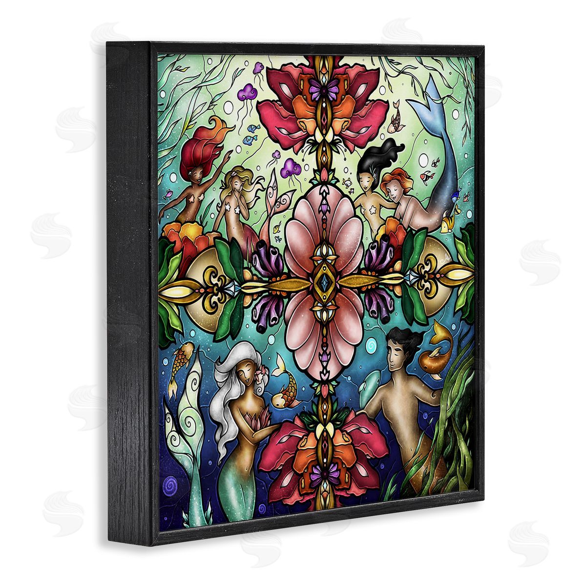 Detailed Stain Glass Style Mermaids Black Frame Print Wall Art, Home Decor by Mandie Manzano