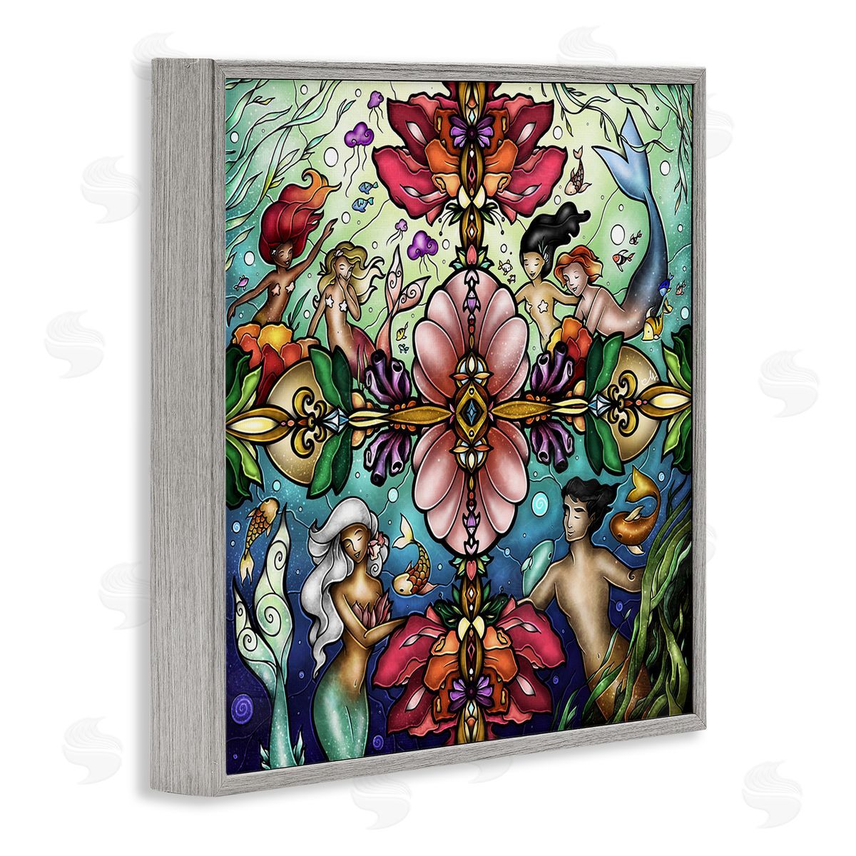 Detailed Stain Glass Style Mermaids Grey Frame Print Wall Art, Home Decor by Mandie Manzano
