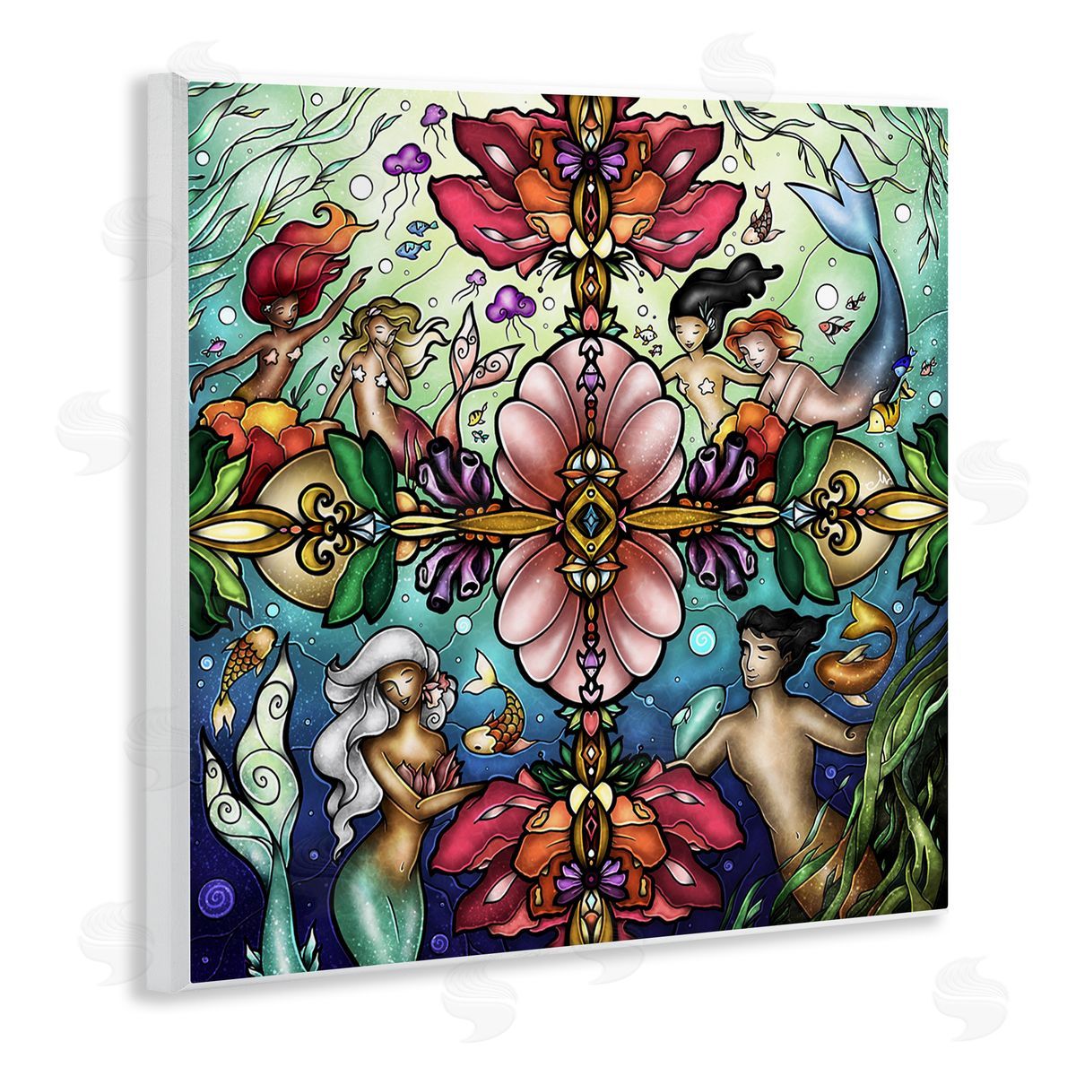 Detailed Stain Glass Style Mermaids Wood Plaque Wall Art, Home Decor by Mandie Manzano