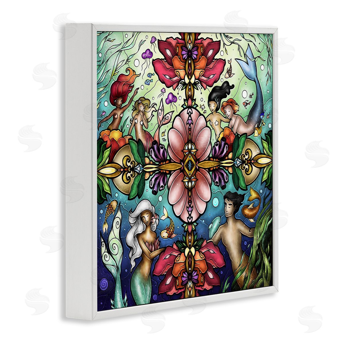 Detailed Stain Glass Style Mermaids White Frame Print Wall Art, Home Decor by Mandie Manzano