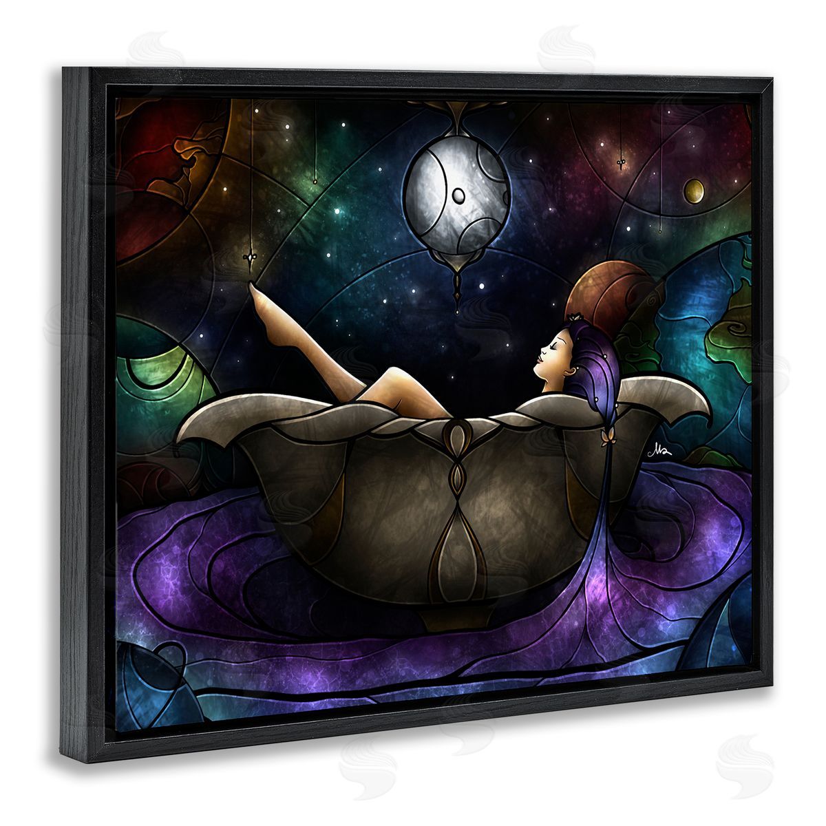 Bathing Under Moonlight Black Floating Frame Canvas Wall Art, Home Decor by Mandie Manzano