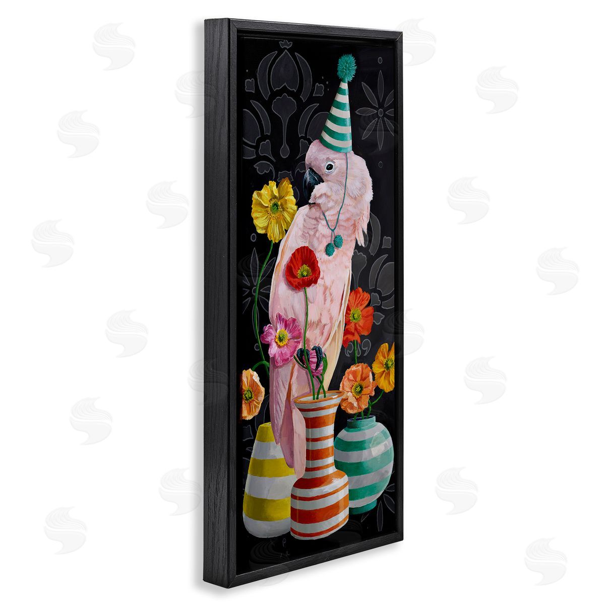 Cockatoo & Striped Vases Black Floating Frame Canvas Wall Art, Home Decor by Heather Gauthier
