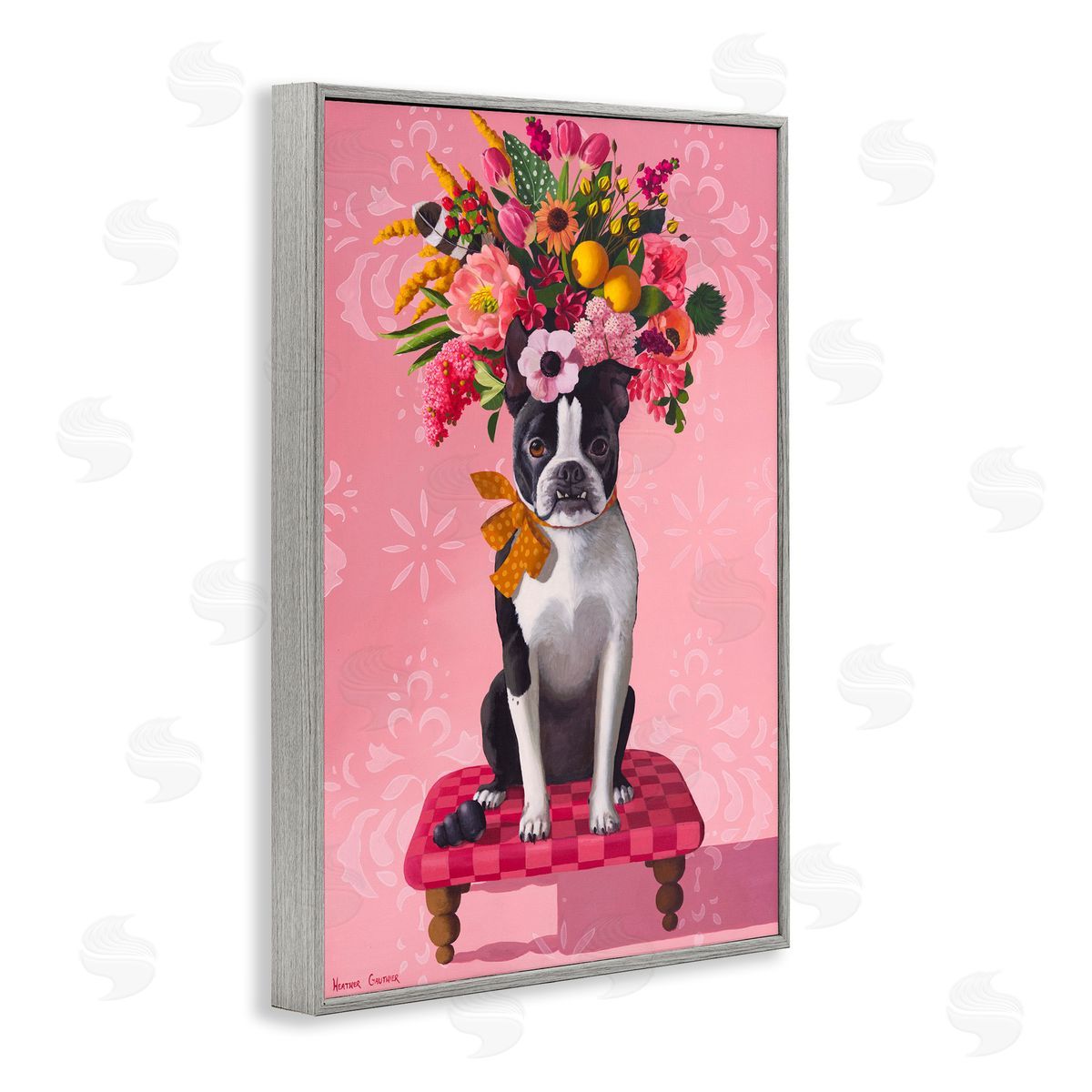 Bulldog & Pink Bouquet Grey Frame Print Wall Art, Home Decor by Heather Gauthier