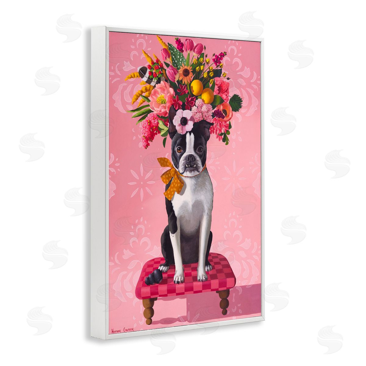 Bulldog & Pink Bouquet White Frame Print Wall Art, Home Decor by Heather Gauthier