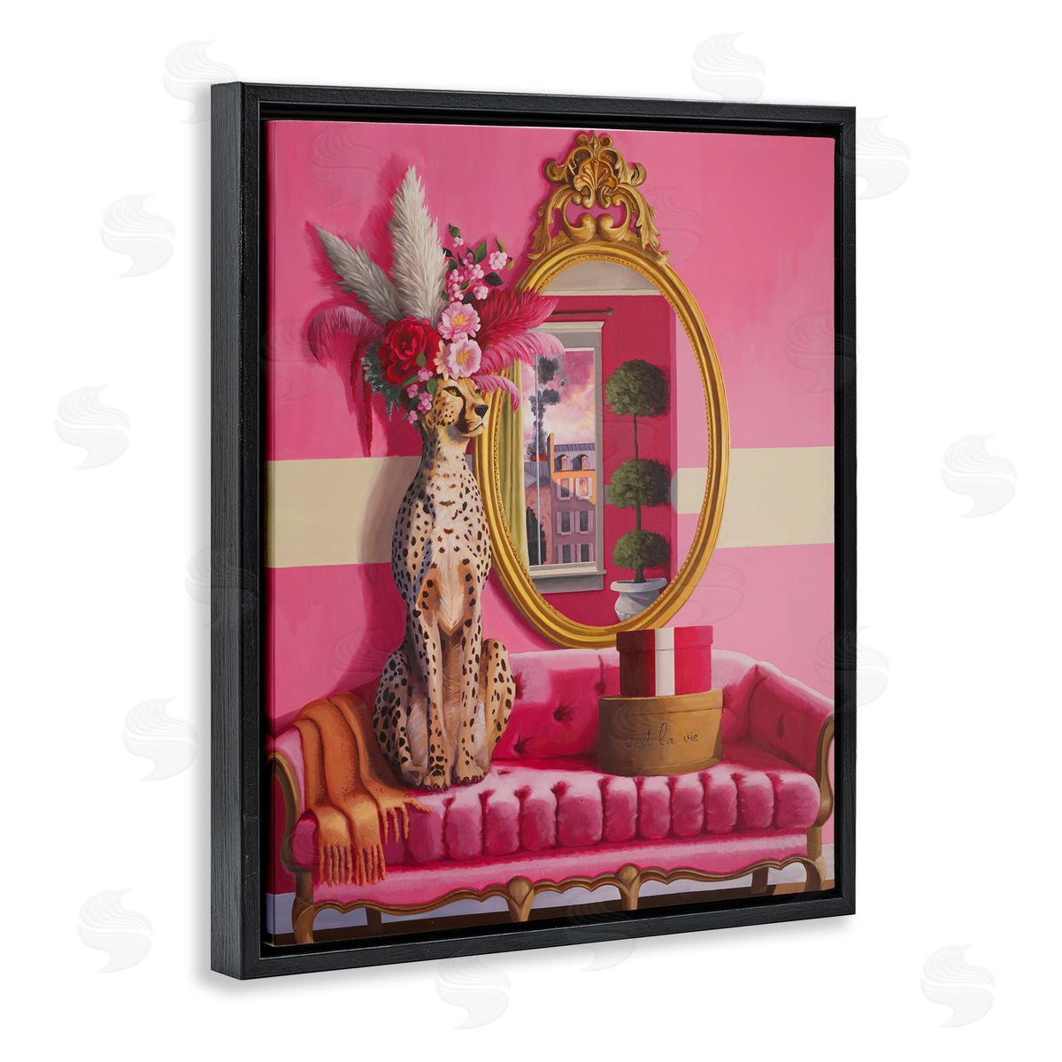 Sophisticated Leopard on Couch Black Floating Frame Canvas Wall Art, Home Decor by Heather Gauthier