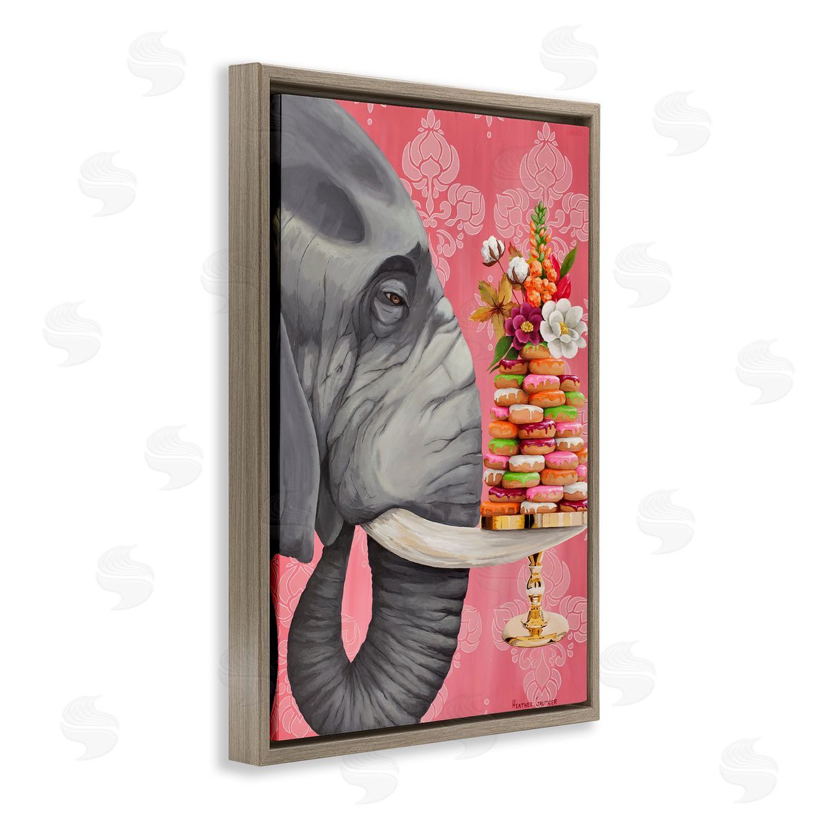 Elephant & Stacked Desserts Brown Floating Frame Canvas Wall Art, Home Decor by Heather Gauthier