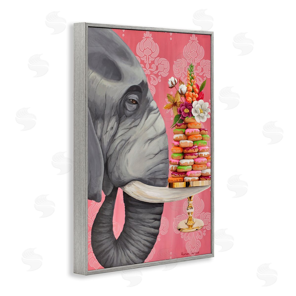 Elephant & Stacked Desserts Grey Frame Print Wall Art, Home Decor by Heather Gauthier