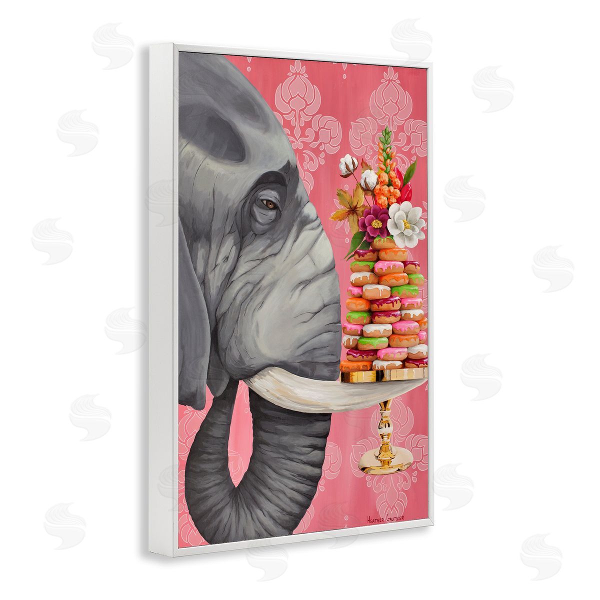 Elephant & Stacked Desserts White Frame Print Wall Art, Home Decor by Heather Gauthier