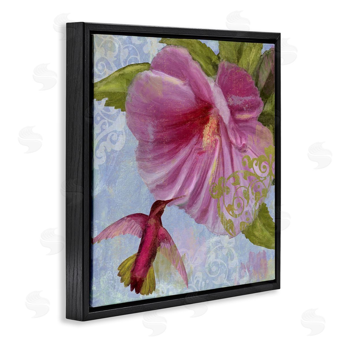 Hummingbird & Purple Poppy Black Floating Frame Canvas Wall Art, Home Decor by Sasha
