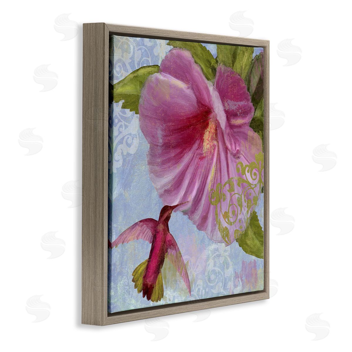 Hummingbird & Purple Poppy Brown Floating Frame Canvas Wall Art, Home Decor by Sasha