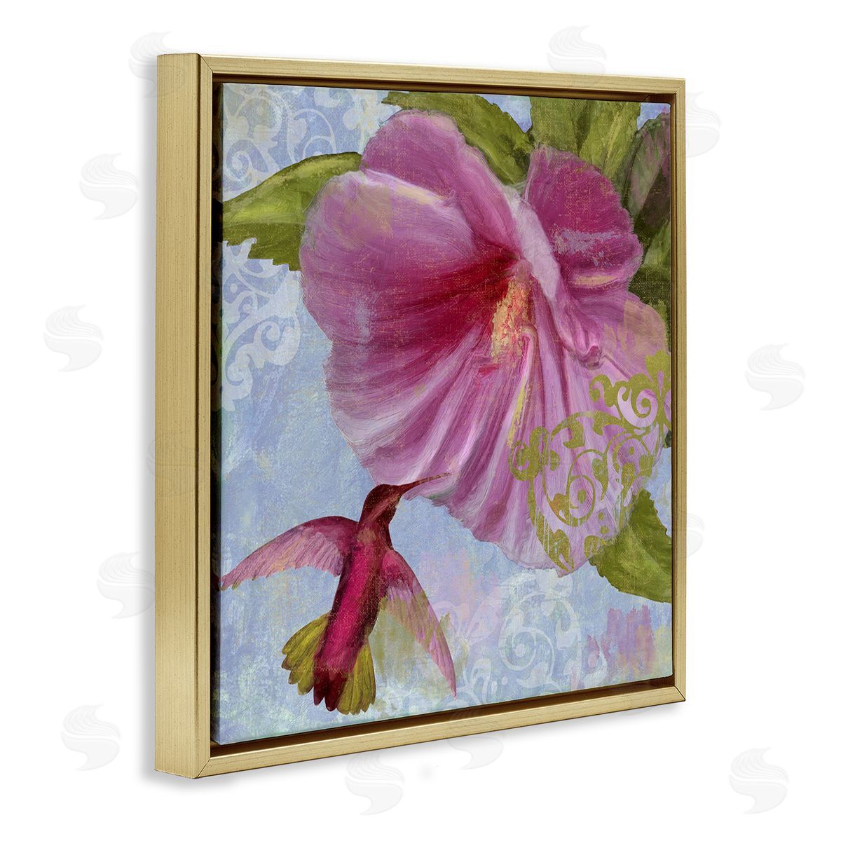 Hummingbird & Purple Poppy Gold Floating Frame Canvas Wall Art, Home Decor by Sasha