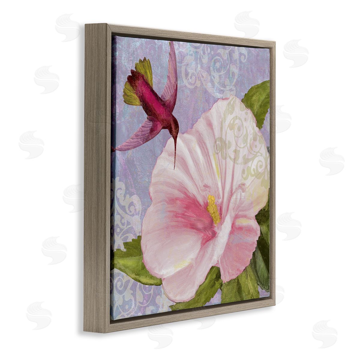 Hummingbird with White Flower Brown Floating Frame Canvas Wall Art, Home Decor by Sasha