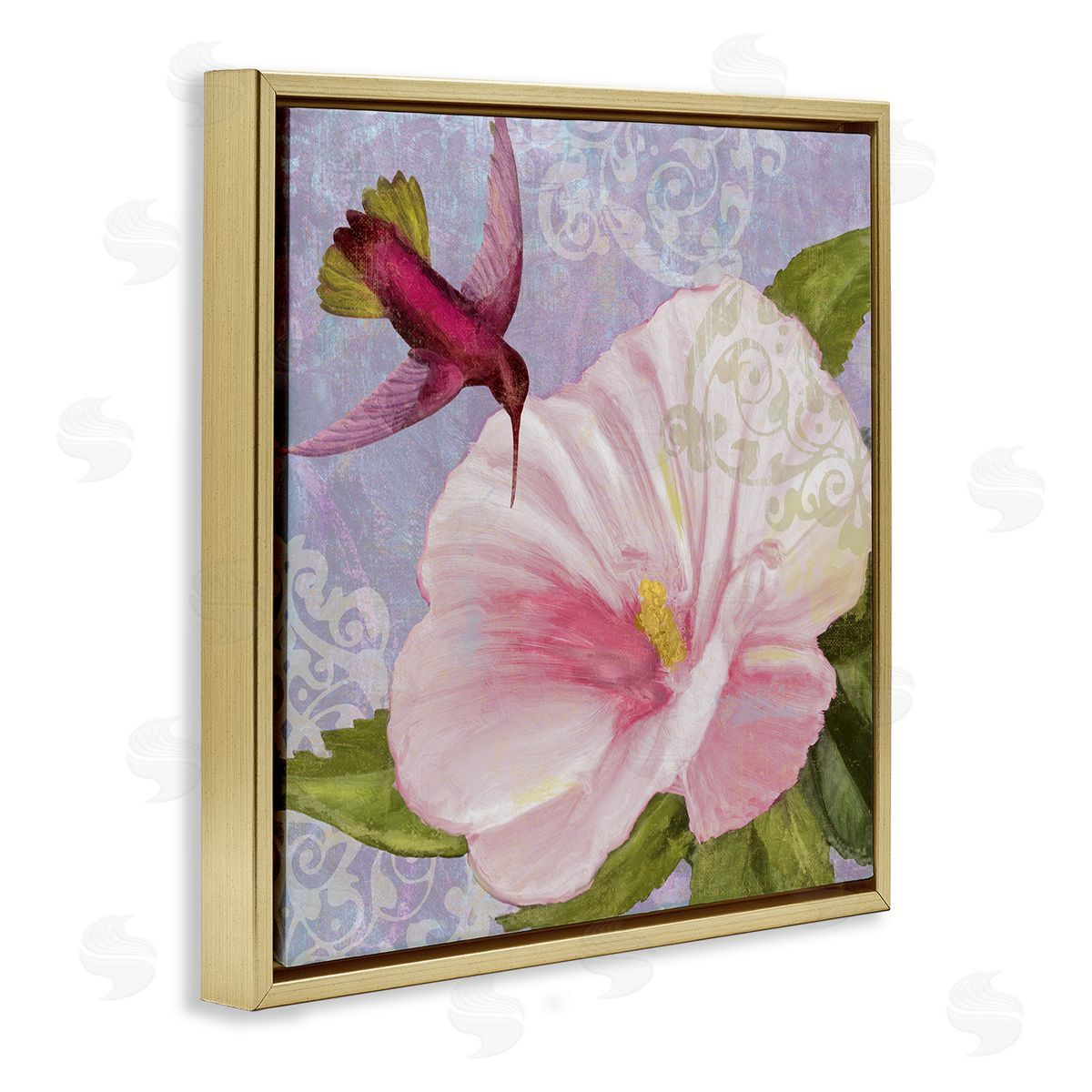 Hummingbird with White Flower Gold Floating Frame Canvas Wall Art, Home Decor by Sasha