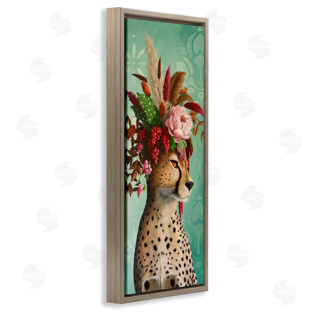 Elegant Leopard with Flower Arrangement Brown Floating Frame Canvas Wall Art, Home Decor by Heather Gauthier