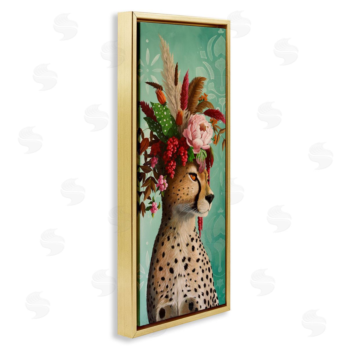 Elegant Leopard with Flower Arrangement Gold Floating Frame Canvas Wall Art, Home Decor by Heather Gauthier