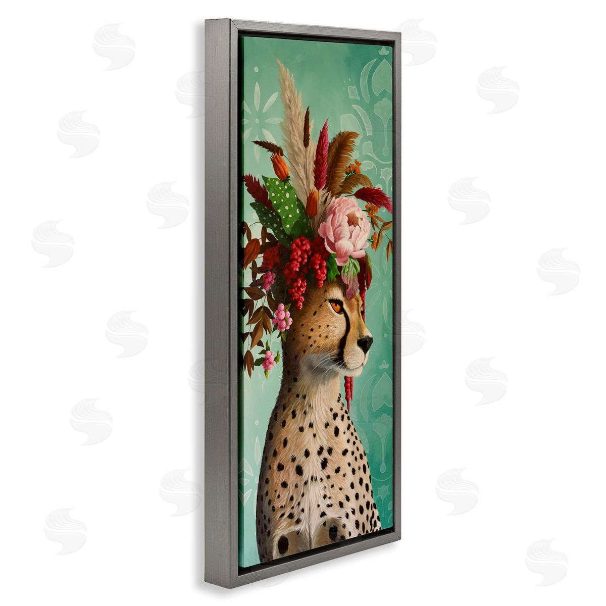 Elegant Leopard with Flower Arrangement Grey Floating Frame Canvas Wall Art, Home Decor by Heather Gauthier