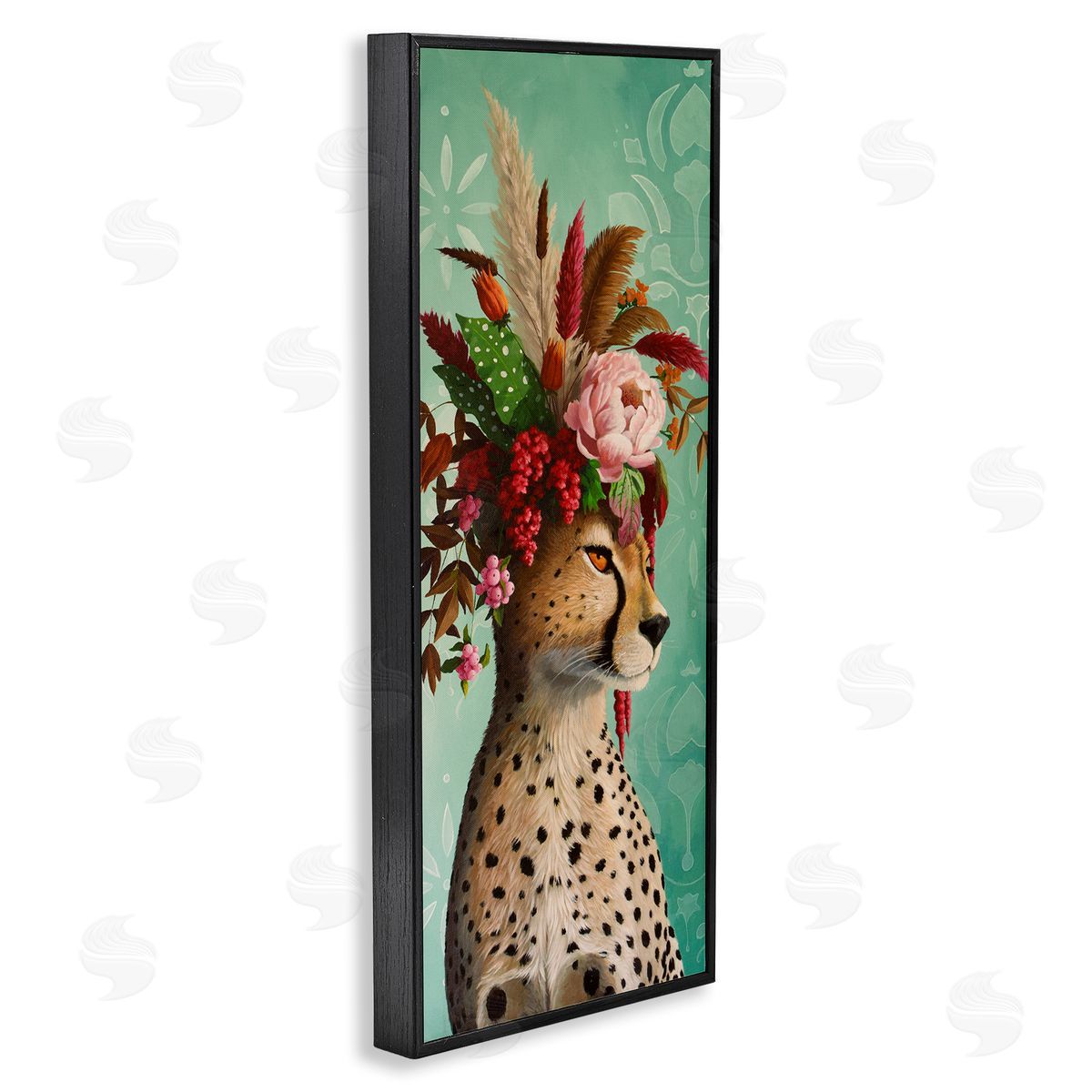 Elegant Leopard with Flower Arrangement Black Frame Print Wall Art, Home Decor by Heather Gauthier