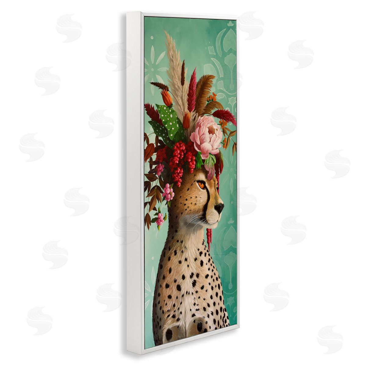 Elegant Leopard with Flower Arrangement White Frame Print Wall Art, Home Decor by Heather Gauthier