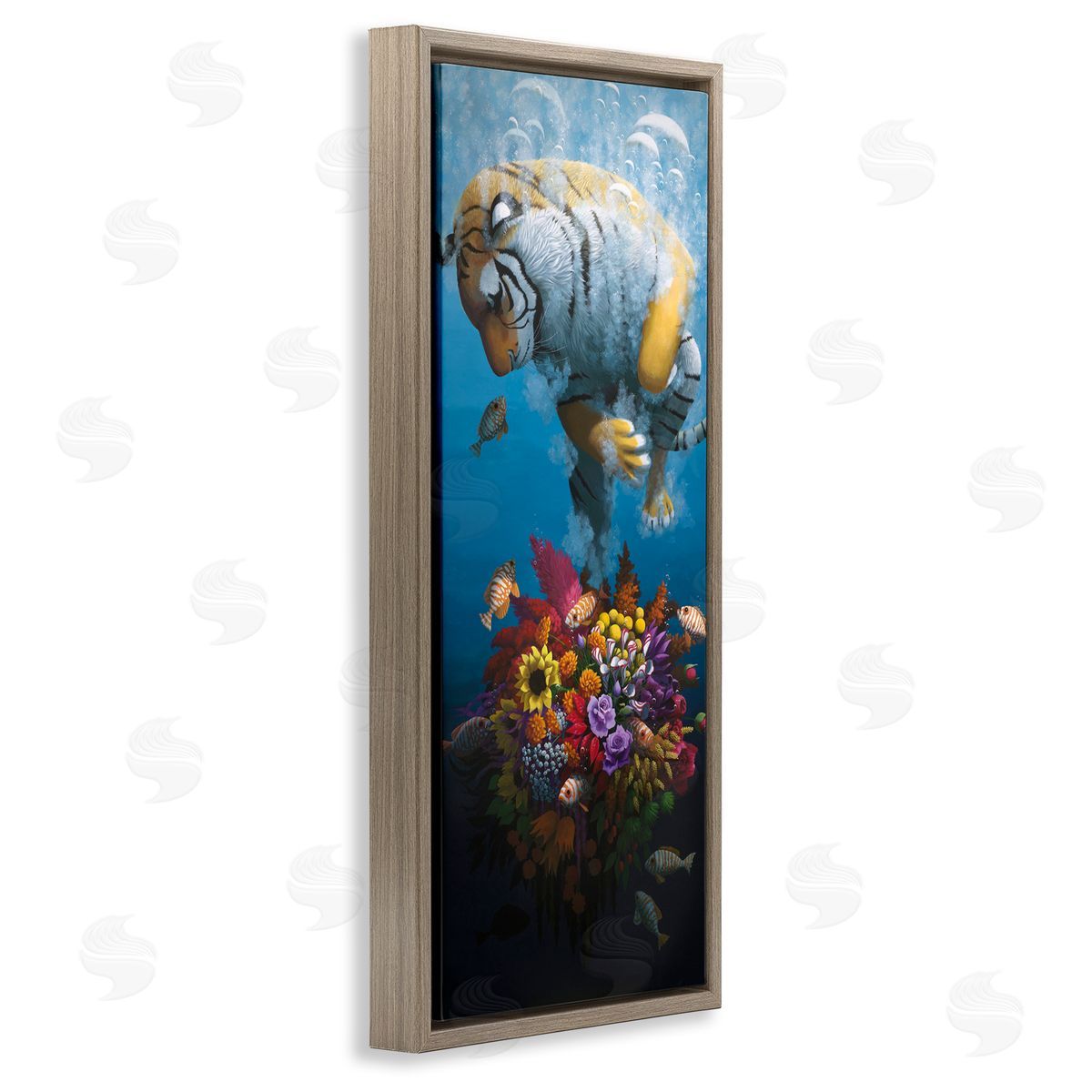Curious Tiger & Underwater Bouquet Brown Floating Frame Canvas Wall Art, Home Decor by Heather Gauthier