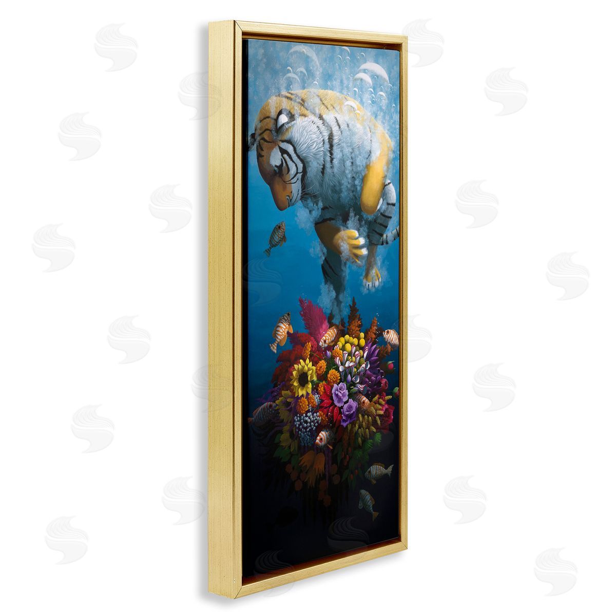 Curious Tiger & Underwater Bouquet Gold Floating Frame Canvas Wall Art, Home Decor by Heather Gauthier