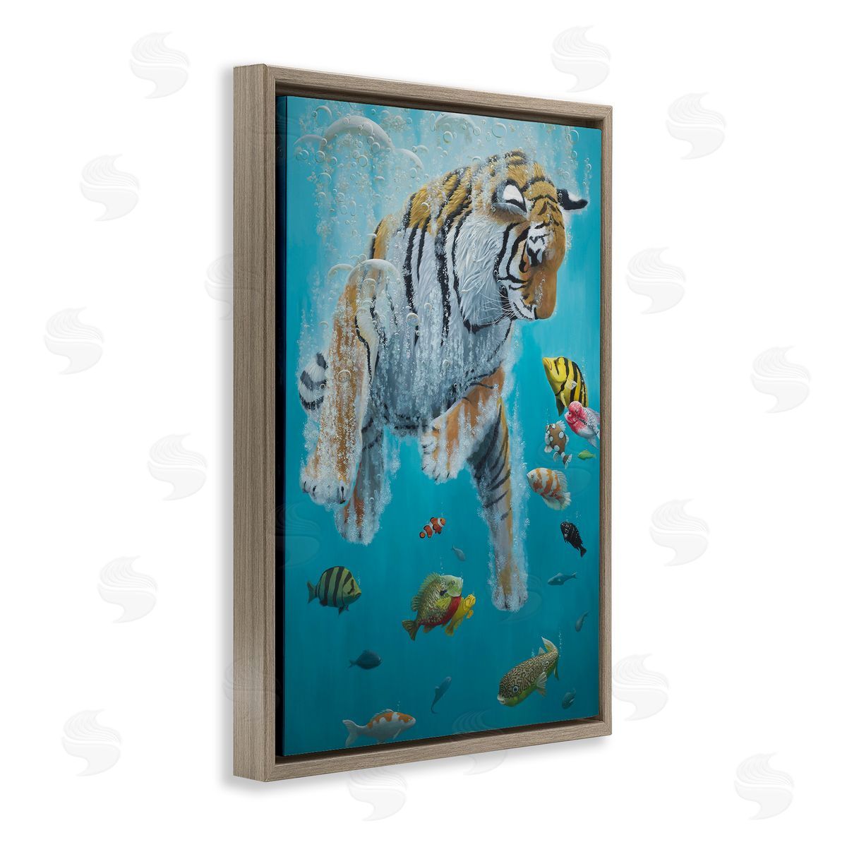 Swimming Tiger Among Fish Brown Floating Frame Canvas Wall Art, Home Decor by Heather Gauthier