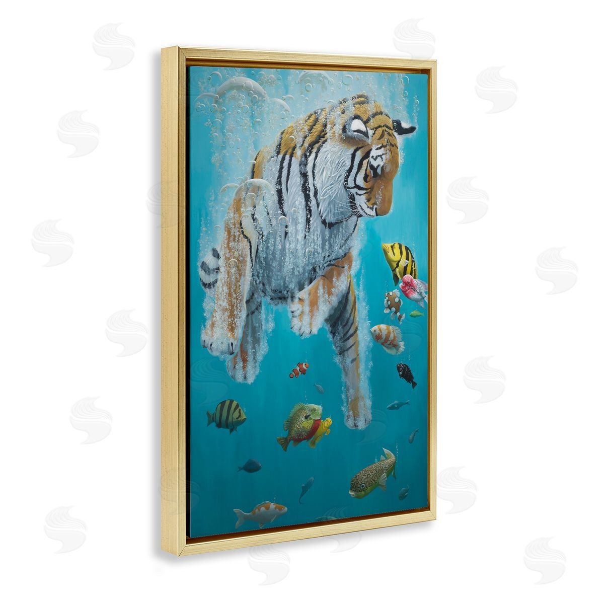 Swimming Tiger Among Fish Gold Floating Frame Canvas Wall Art, Home Decor by Heather Gauthier