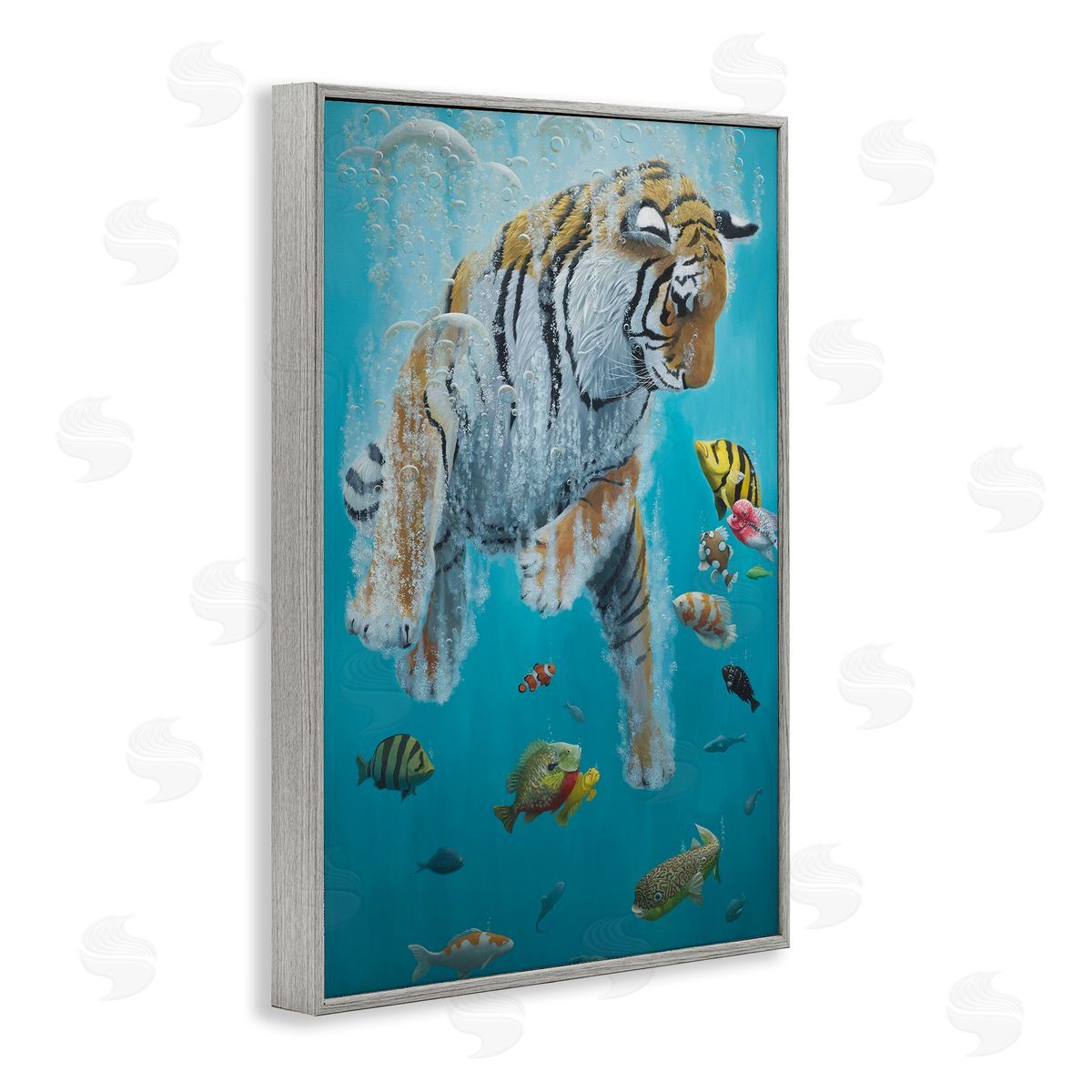 Swimming Tiger Among Fish Grey Frame Print Wall Art, Home Decor by Heather Gauthier