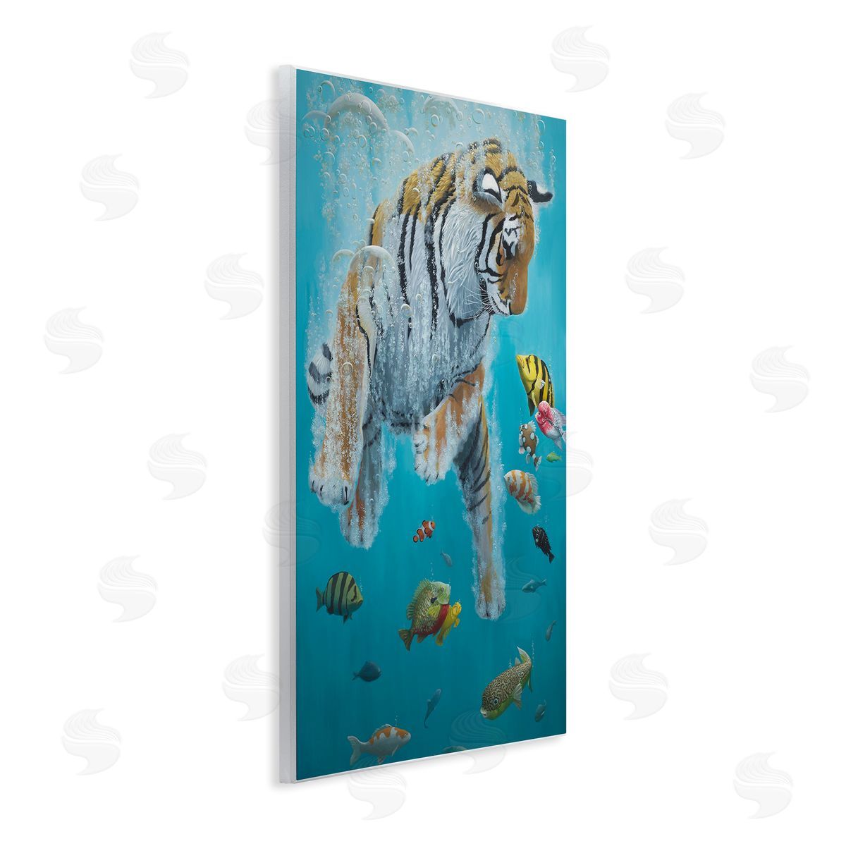Swimming Tiger Among Fish Wood Plaque Wall Art, Home Decor by Heather Gauthier