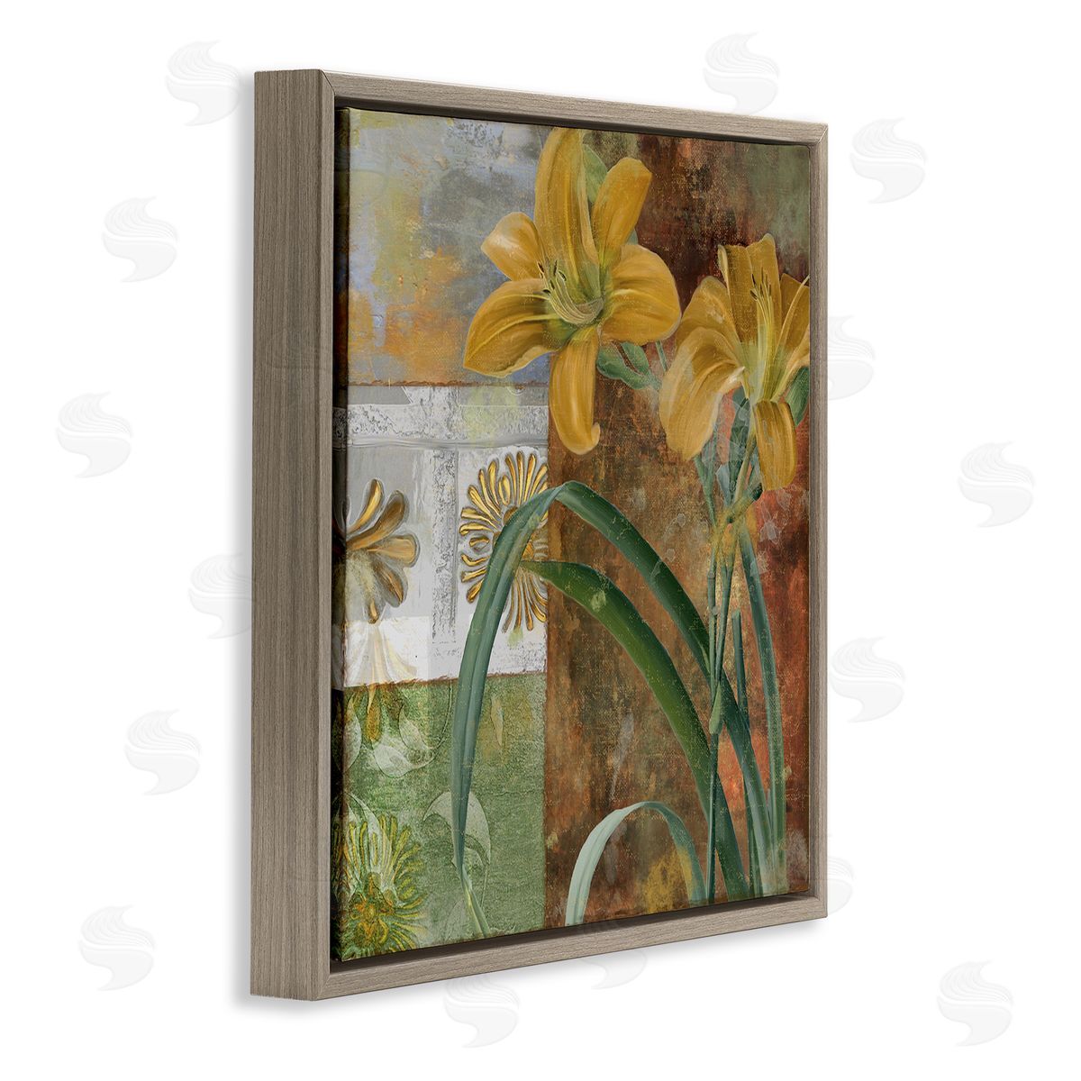 Yellow Lilies on Vintage Tile Brown Floating Frame Canvas Wall Art, Home Decor by Sasha