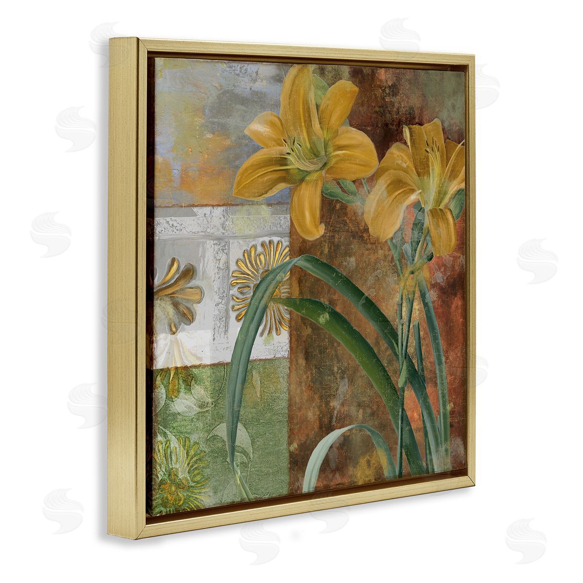 Yellow Lilies on Vintage Tile Gold Floating Frame Canvas Wall Art, Home Decor by Sasha