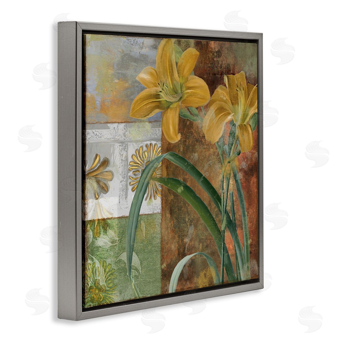 Yellow Lilies on Vintage Tile Grey Floating Frame Canvas Wall Art, Home Decor by Sasha