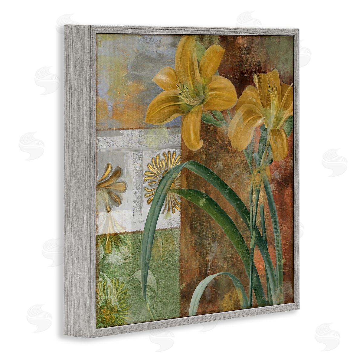 Yellow Lilies on Vintage Tile Grey Frame Print Wall Art, Home Decor by Sasha
