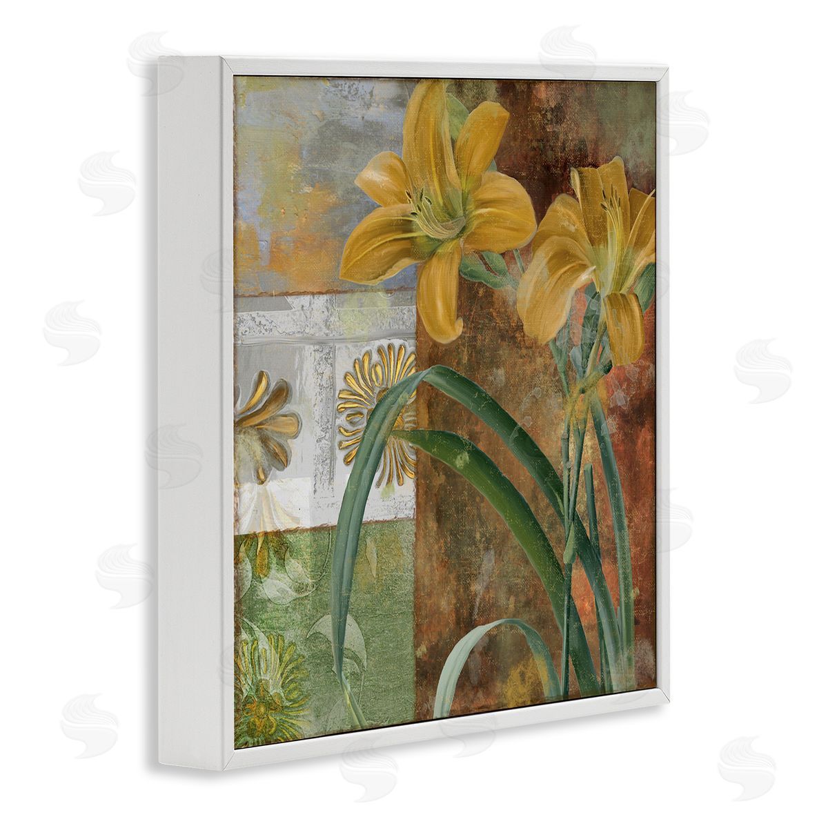 Yellow Lilies on Vintage Tile White Frame Print Wall Art, Home Decor by Sasha
