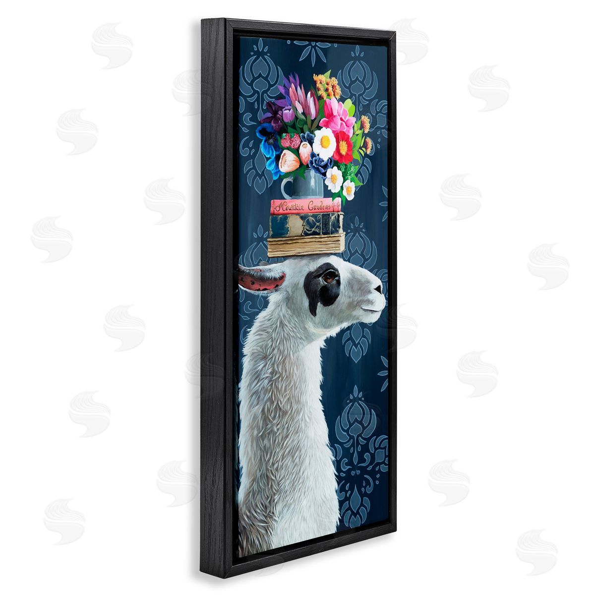 Llama with Book & Flower Arrangement Black Floating Frame Canvas Wall Art, Home Decor by Heather Gauthier