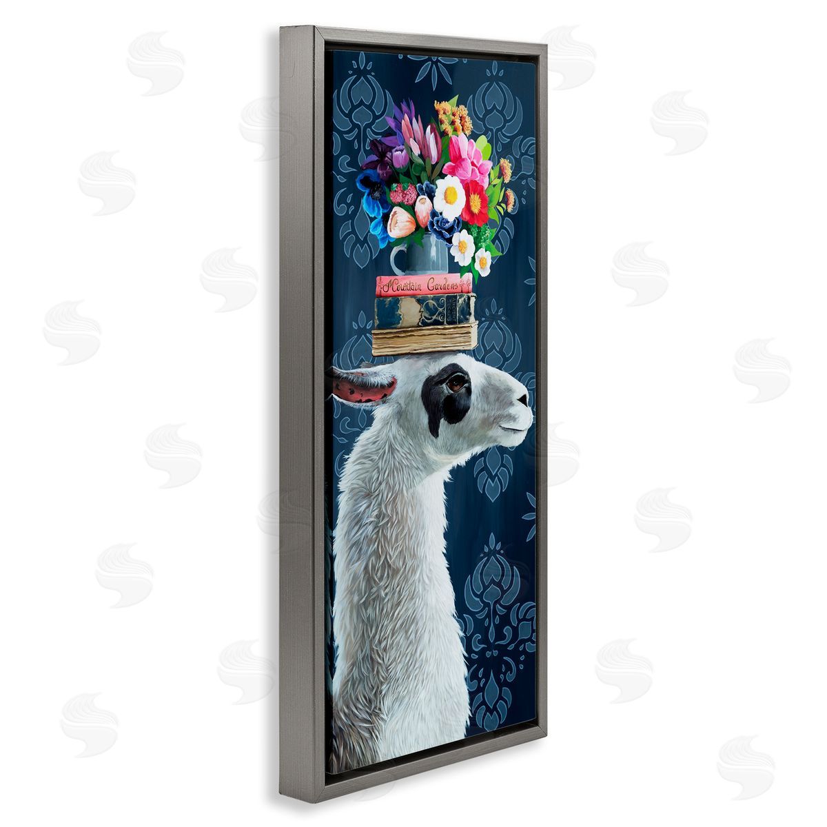 Llama with Book & Flower Arrangement Grey Floating Frame Canvas Wall Art, Home Decor by Heather Gauthier
