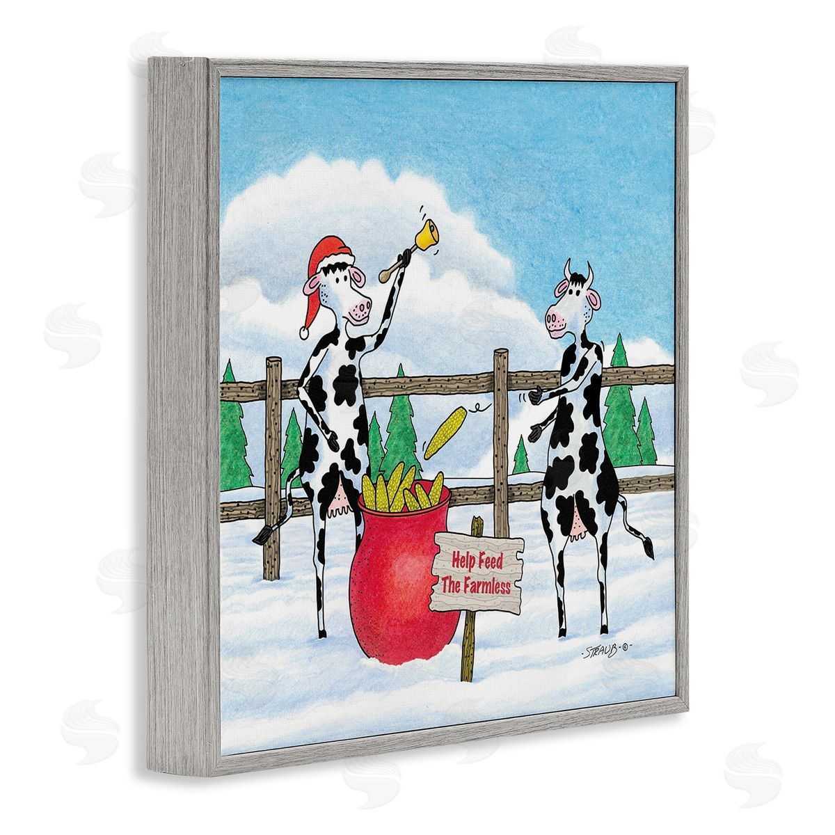 Feed The Farmless Funny Cows Grey Frame Print Wall Art, Home Decor by Roger Straub