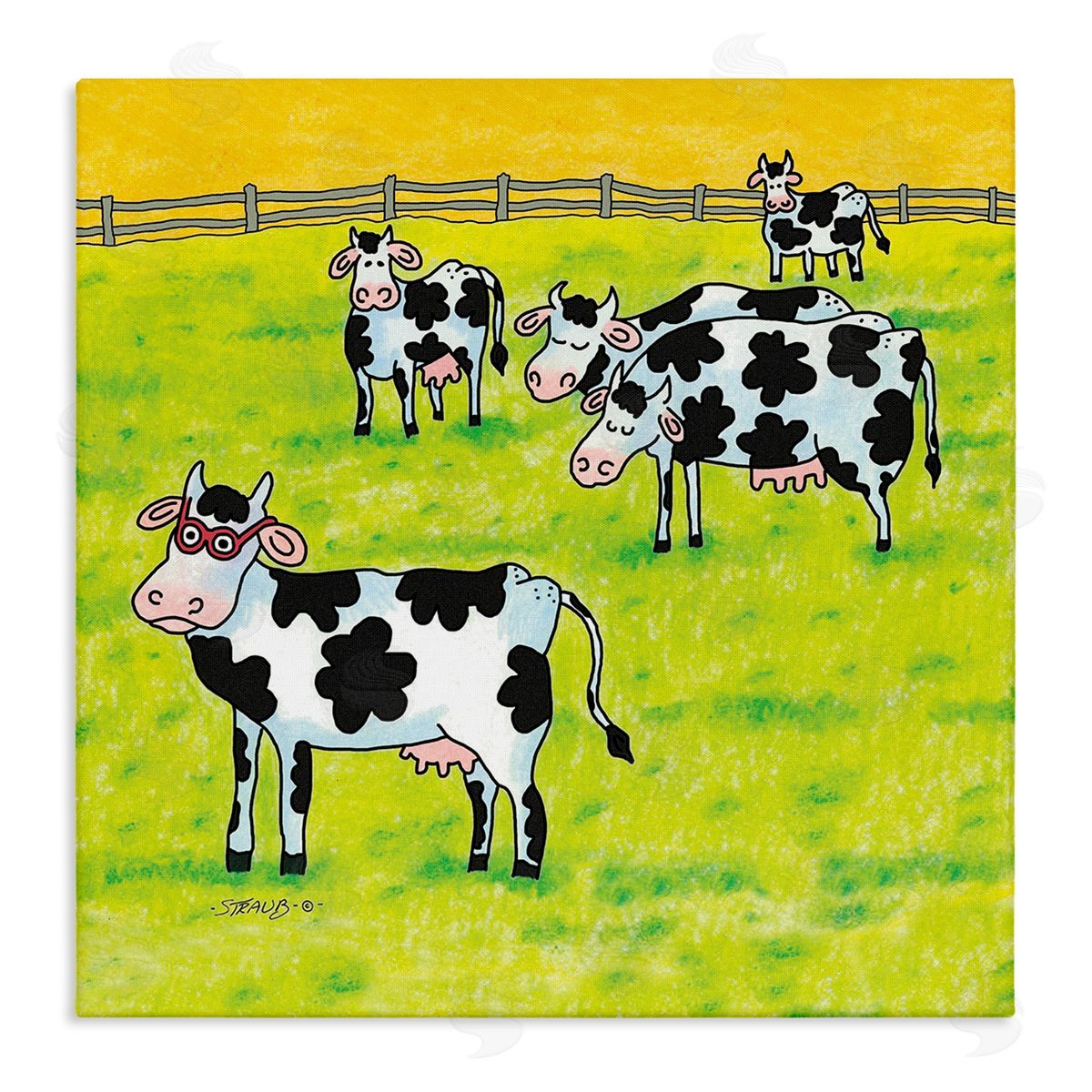 Funny Cow Herd with Specs Canvas Wall Art, Home Decor by Roger Straub
